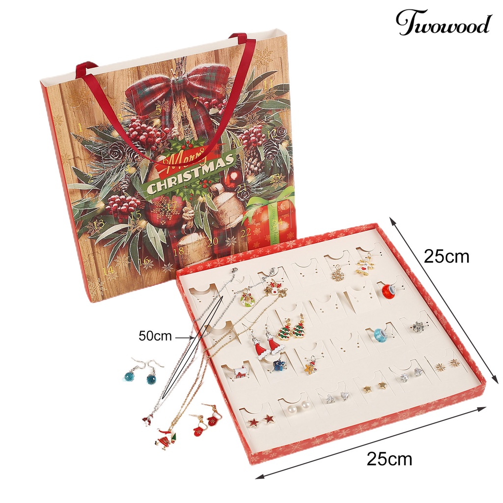 Twowood 1 Set Jewelry Advent Calendar Christmas Tree Elk Pendant Decoration Girls Christmas Element All Match Necklace Earrings Ear Studs for Party