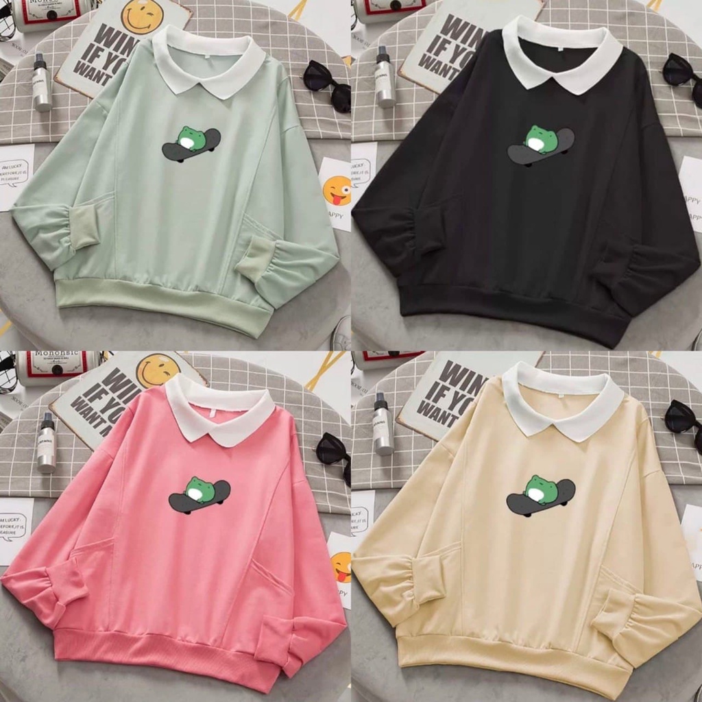 Sweater Korea Berkerah Kekinian - Frog Skate Sweater Wanita Terbaru 2021 - Skate Frog Crewneck Korea