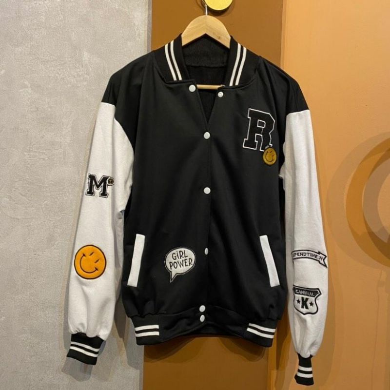 Jaket Baseball R Smile Size M.L.XL | Varsity Jaket Baseball Wanita Oversize | Jaket Wanita Baseball