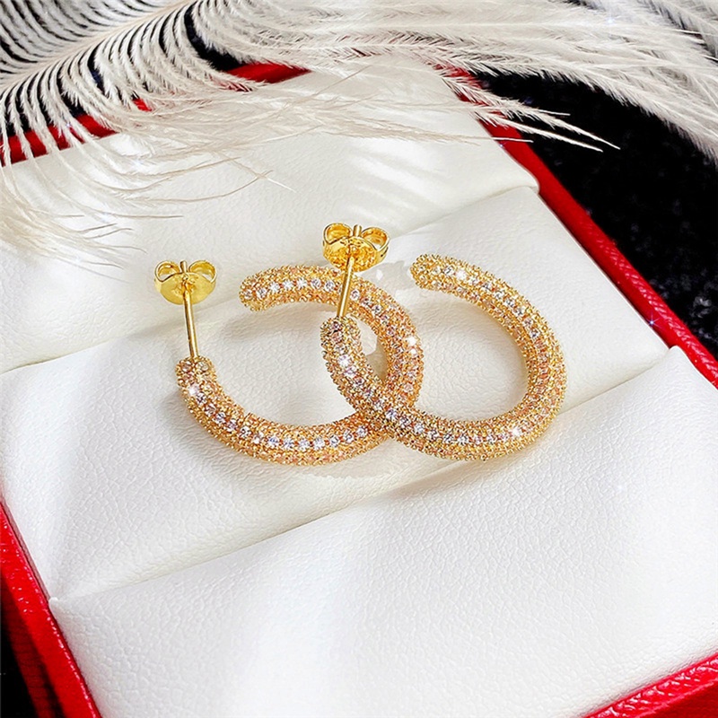 Anting Hoop Cubic Zirconia Bentuk Lingkaran Warna Emas Bling Untuk Wanita