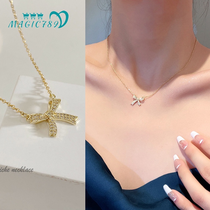 Magic789 Kalung Emas 14K Liontin Pita Hias Kristal Gaya Korea Untuk Wanita