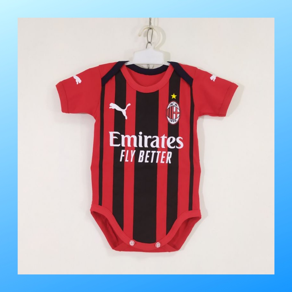 Jumper bayi newborn milan baju kodok kaos sepak bola fashion katun jumpsuit pakaian anak romper jersey sport outfit apparel club baby terusan bodysuit merah salur