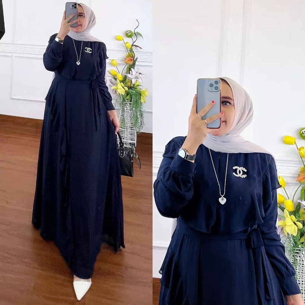 COD - Stela Maxy Dress Muslim Premium Ceruty Lapis Puring Ld 110 Fit S - XL ( Free Bros ) Fashion Gaun Gamis Maxi Polos Wanita Pesta Kondangan Modern Termurah Terlaris-1
