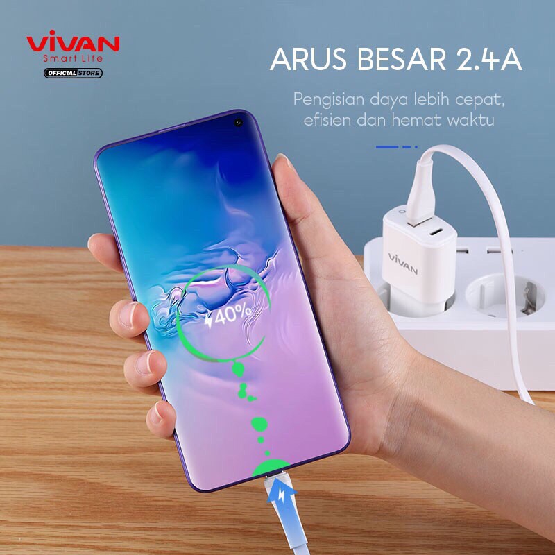 VIVAN Kabel Data Type C Fast Charging SC30S SC100S SC200S 2.4A Quick Charge Flat Design White
