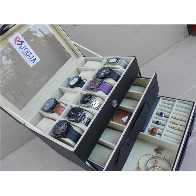 KOTAK JAM TANGAN ISI 12 MIX KACAMATA DAN PERHIASAN AKSESORIS / 3IN1 WATCH BOX ORGANIZER