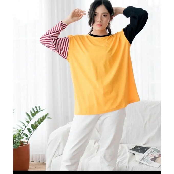 kaos polos kombinasi salur lengan panjang