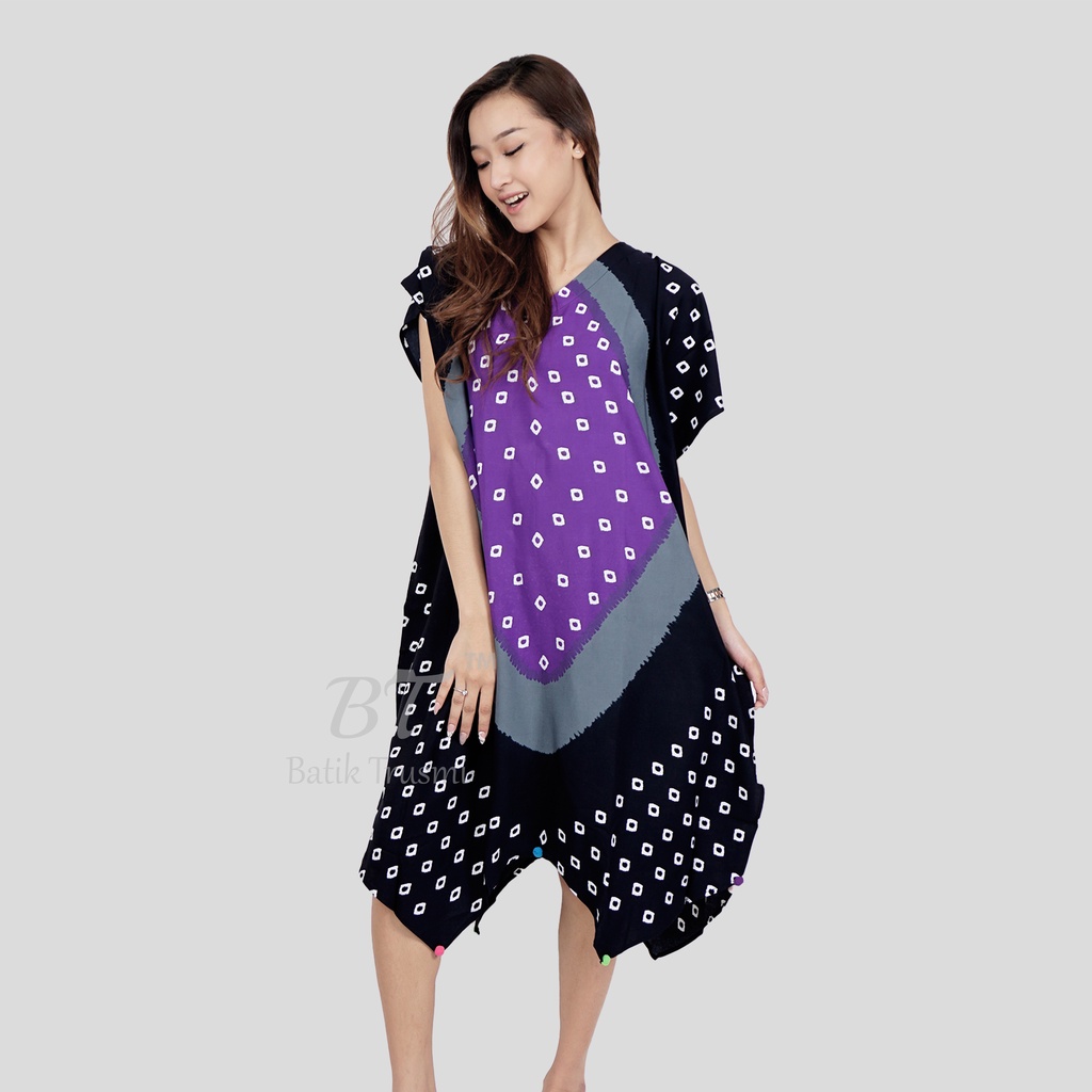 BATIK TRUSMI Daster Rumahan Dress Santai Motif Jumputan Kombinasi Tie Dye Ungu