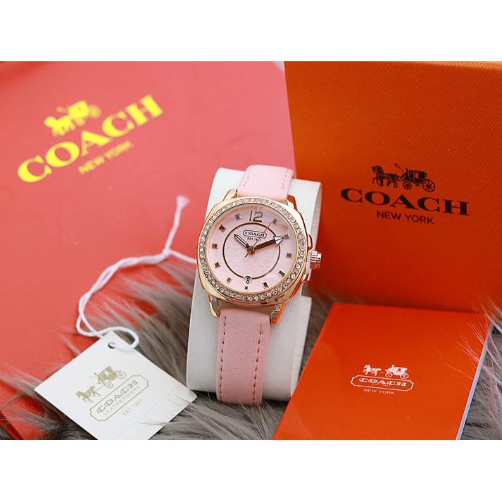 COD - JAM TANGAN FASHION WANITA COACH1108 UI TANGGAL AKTIF TALI KULIT FREE BOX ORIGINAL & BATERAI
