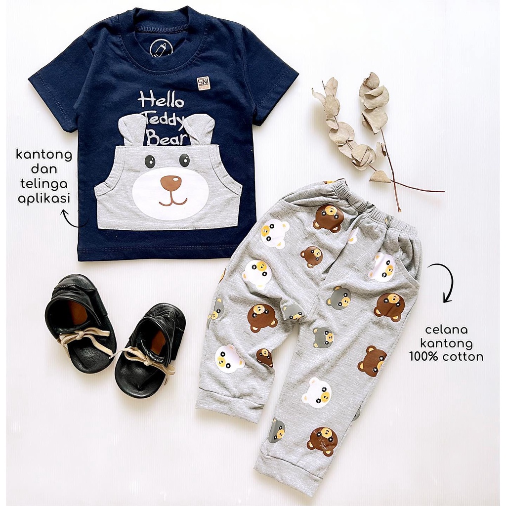 Teddy bear pocket / 3D BEAR HUG  Baju Setelan Celana Pergi Jalan Fashion Anak Bayi Cowok Laki Terlaris Berkualitas