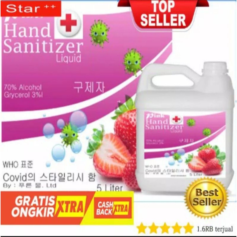 

Hand sanitizer 5 liter cair coretan pink strawberry alkohol 70% standar WHO