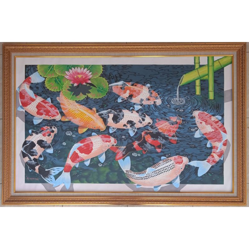 Lukisan Ikan koi 3D + Bingkai Pigura Ukuran 135cm x 85cm