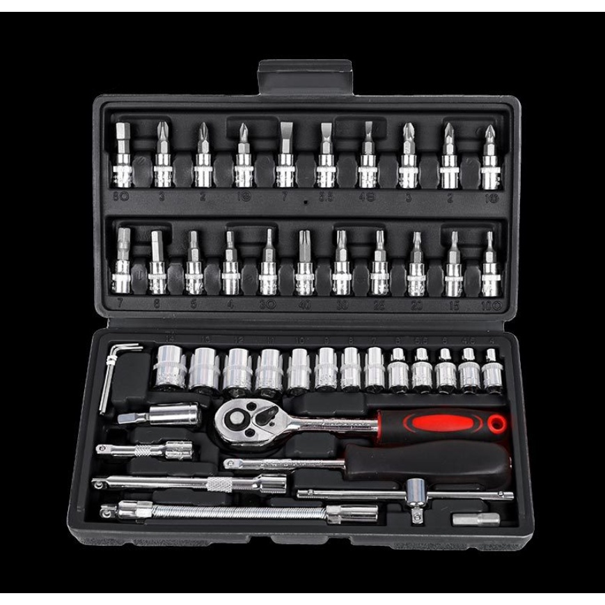 Set Kunci Sok Kunci Shock 46 pcs Mobil Motor Lengkap Socket Tool Kit Pas Ring L Motor Mobil-Hitam