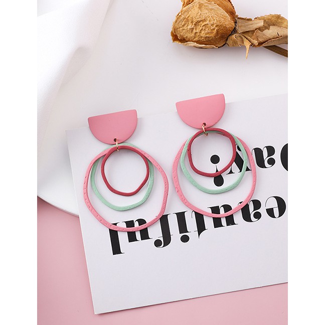 LRC Anting Tusuk Fashion Pink 925 Silver Needle Irregular Multi-layer Circle Earrings F62488