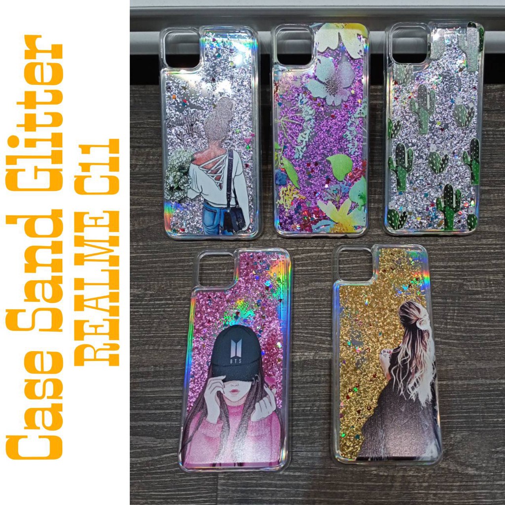 Case hp  realme 7i C17 A1K REALME C2  C11 Glitter Dynamic Liquid Quicksand Case Motif cewe kaktus heart bts