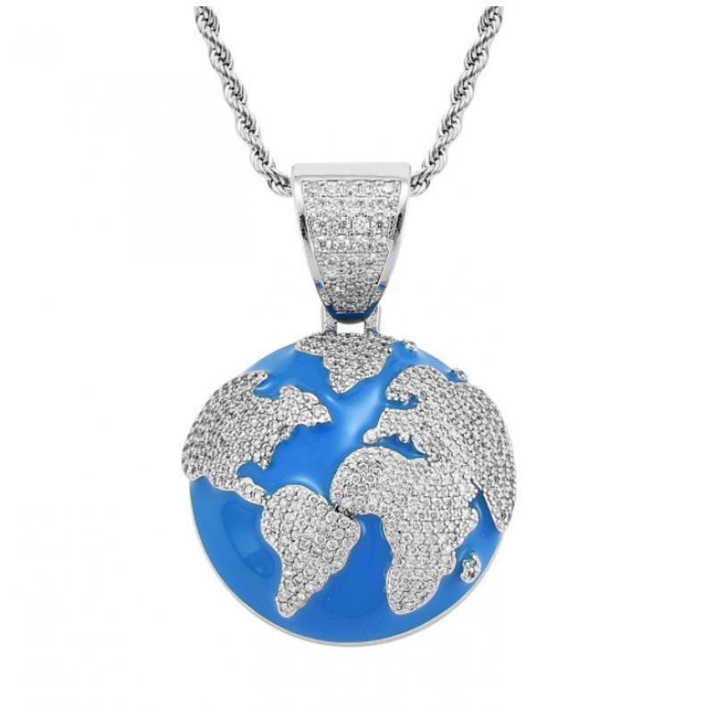 Perhiasan Kalung Liontin Drop Oil Micro-Inlaid Zircon Blue Earth Gaya Hip Hop Untuk Pria