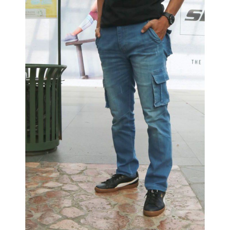 celana cargo panjang jeans denim washing premium pria - cargo jeans denim setcret melar/ngaret