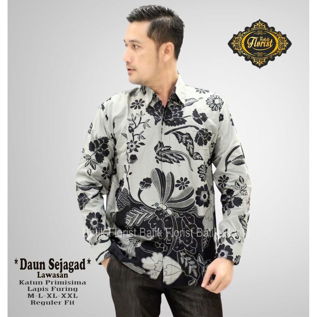 BATIK PRABUSENO DAUN SEJAGAD KEMEJA BATIK ABU SILVER GREY KEKINIAN pria lengan panjang PENDEK FLORIST