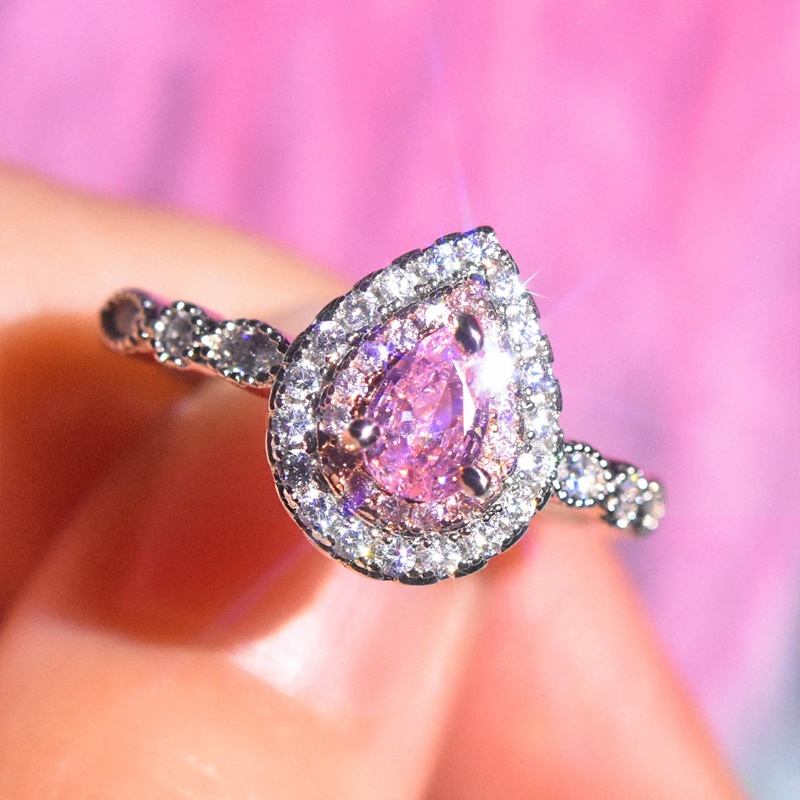 Cincin Berlian Imitasi Bentuk Tetesan Air Warna Pink Untuk Wanita