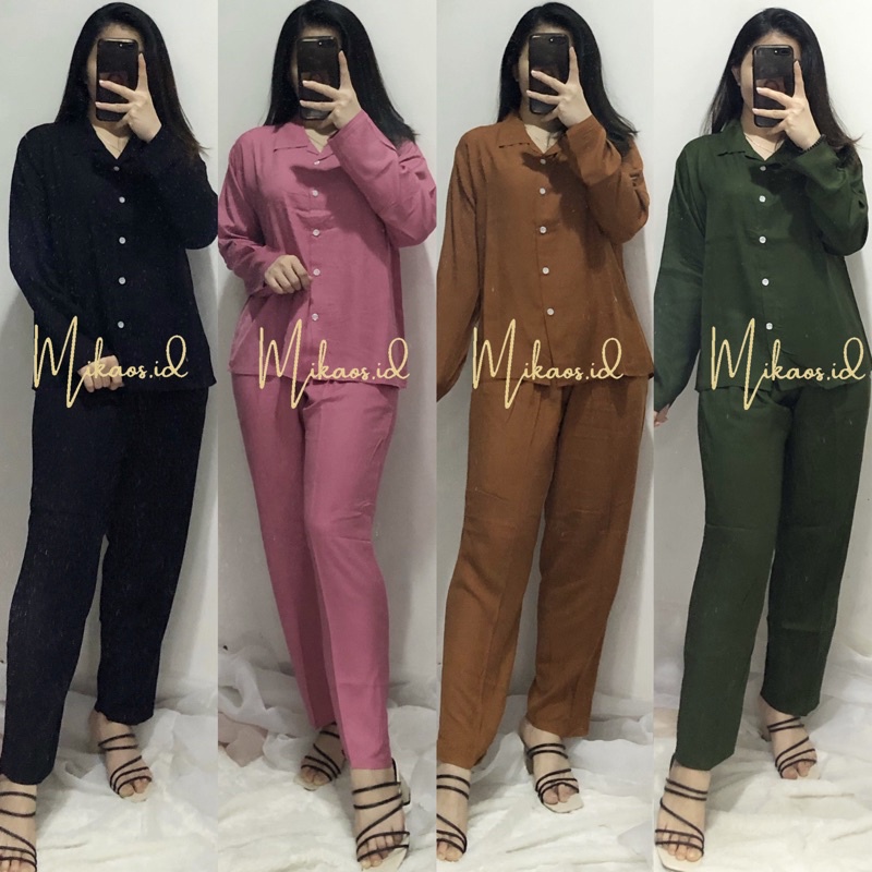 Mikaos Piyama Rayon Set Panjang Premium | Baju Tidur Rayon Set | Piyama Oneset | Oneset Piyama