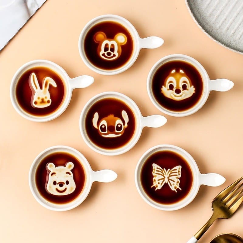 Piring Kecap l Piring Saus Gagang Motif Kartun Keramik Putih