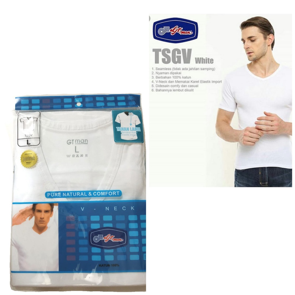 Kaos GTman Oblong Tshirt Putih Kerah V Neck