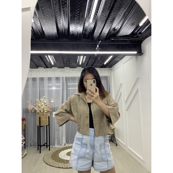 Kemeja crop wanita - Atasan kemeja wanita crop linen oversize - kemeja outer crop linen