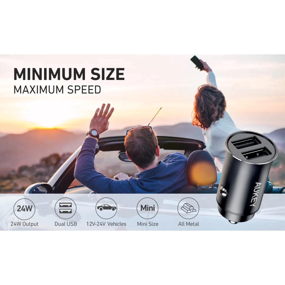 AUKEY CC-Q1 - ENDURO DUO Series - Dual Port USB-A Car Charger - Charger Mobil 2 Port USB 24W Total (12W per Port)