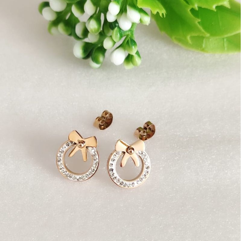 Anting Tusuk Titanium Permata Warna Rosegold Wanita