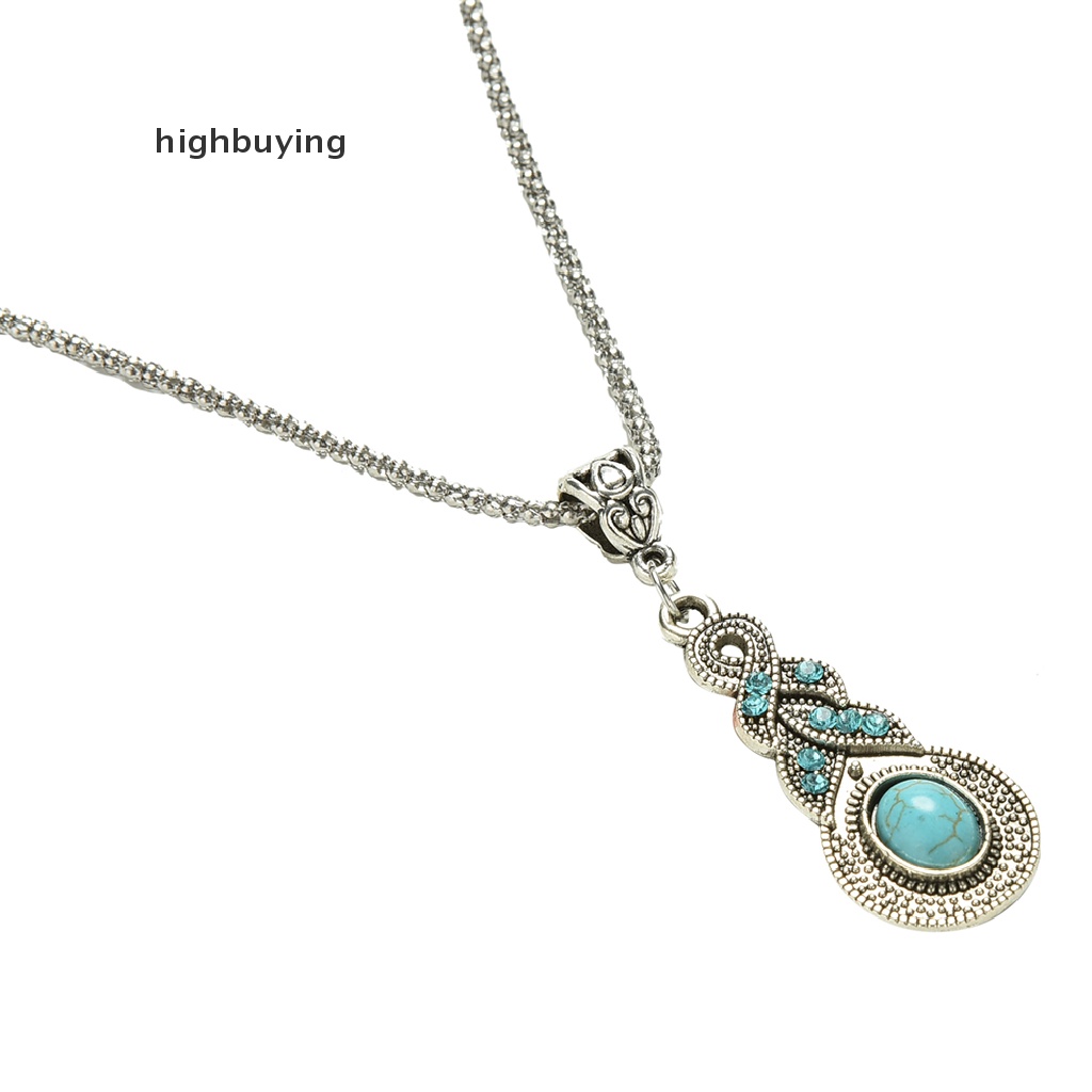 Hbid Set Kalung + Anting Kait Gantung Retro Vintage Elegan Hias Batu Turquoise Untuk Wanita