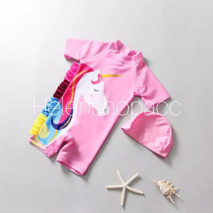  Baju  renang  bayi unicorn  satu set dengan topi swimsuit 