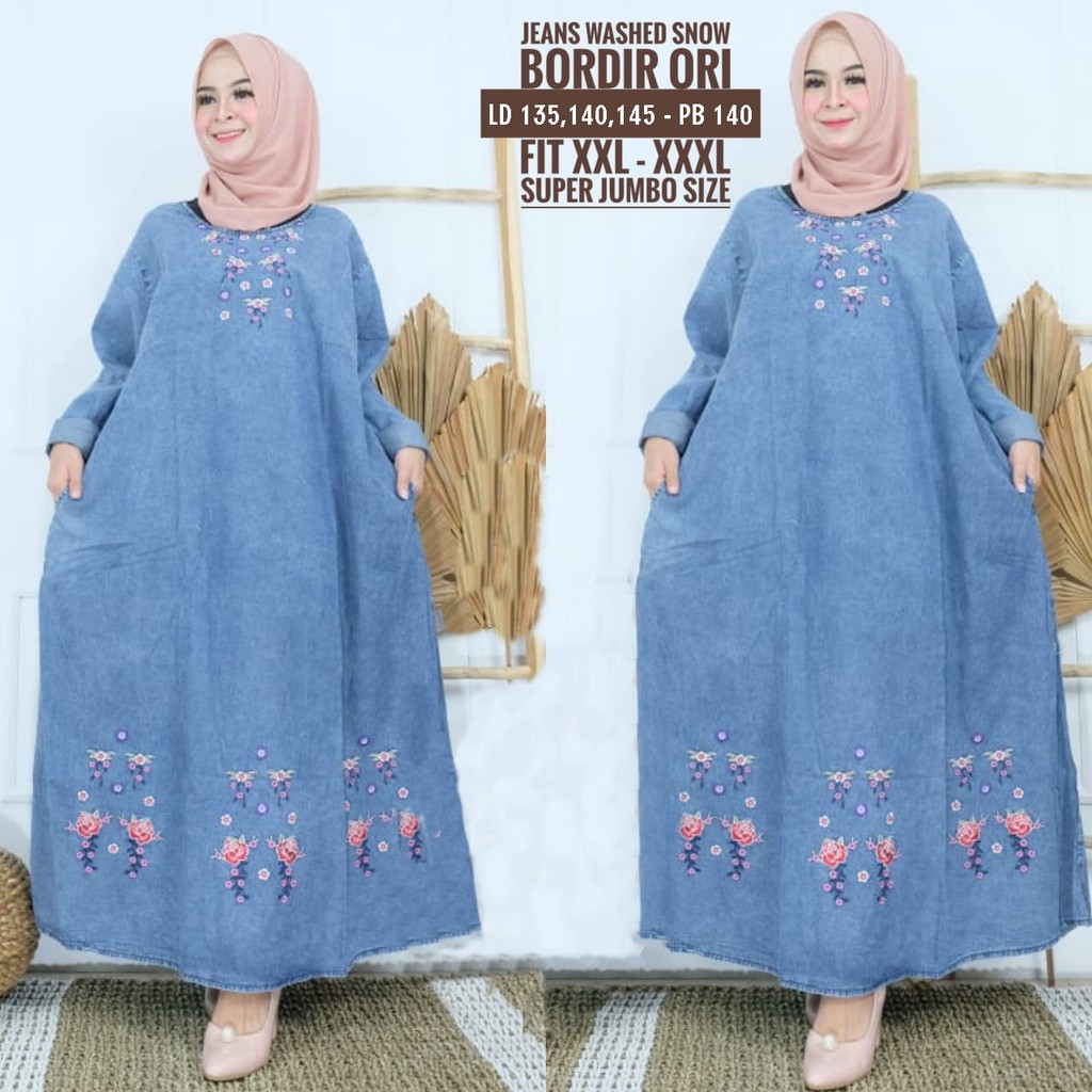 Baju Wanita Maxi Dress Dres Gamis Denim Jeans Levis Jumbo ld 135 140 145 Big Size XXL XXXL 3XL - 6XL