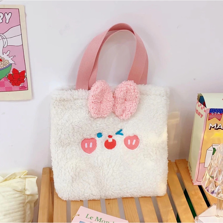 Tote bag Tangan Wanita Lembut Lucu Baru Tas Bahu Pembelanja Wanita Mode Musim Dingin untuk Anak Perempuan Tas Tote Tas Sekolah Ketiak Kelinci Beruang Lucu