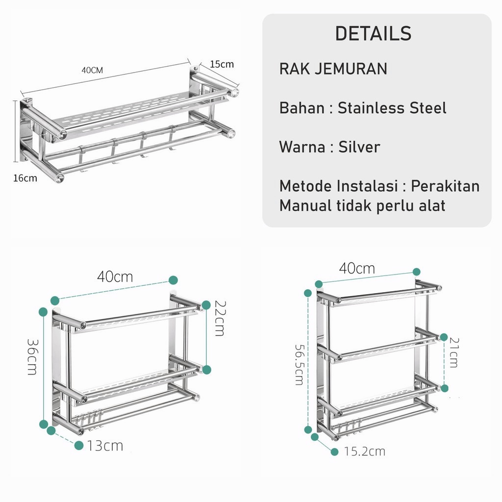 Rak Handuk Kamar Mandi Dinding Rak Stainless Rak Kamar Mandi Rak Sabun Kamar MandiDapat Dipasang Tanpa Pengeboran