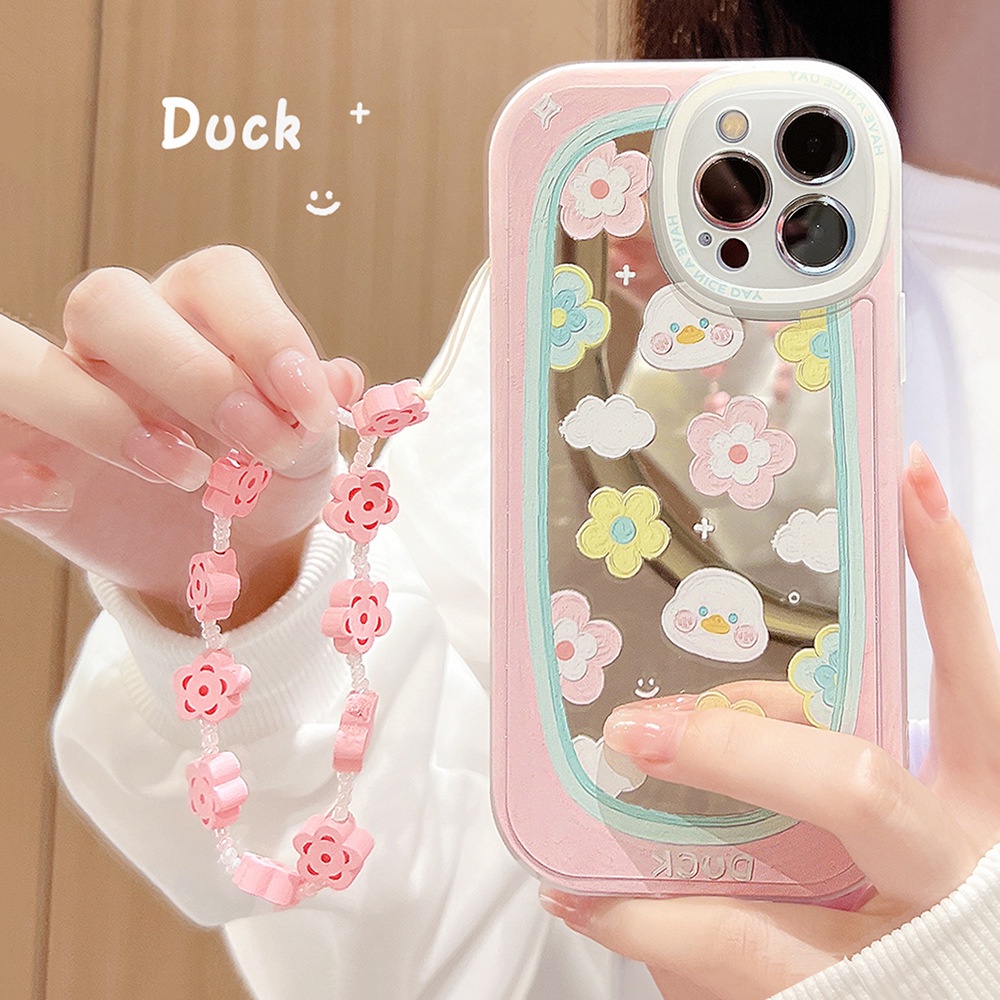 IPHONE Bunga Cermin Make Up Big Eyes Case Dengan Rantai Warna Pink Untuk Iphone11 8 7 Plus SE2 XS XR 12 13 Mini PRO MAX Casing Cover Pelindung AT0209