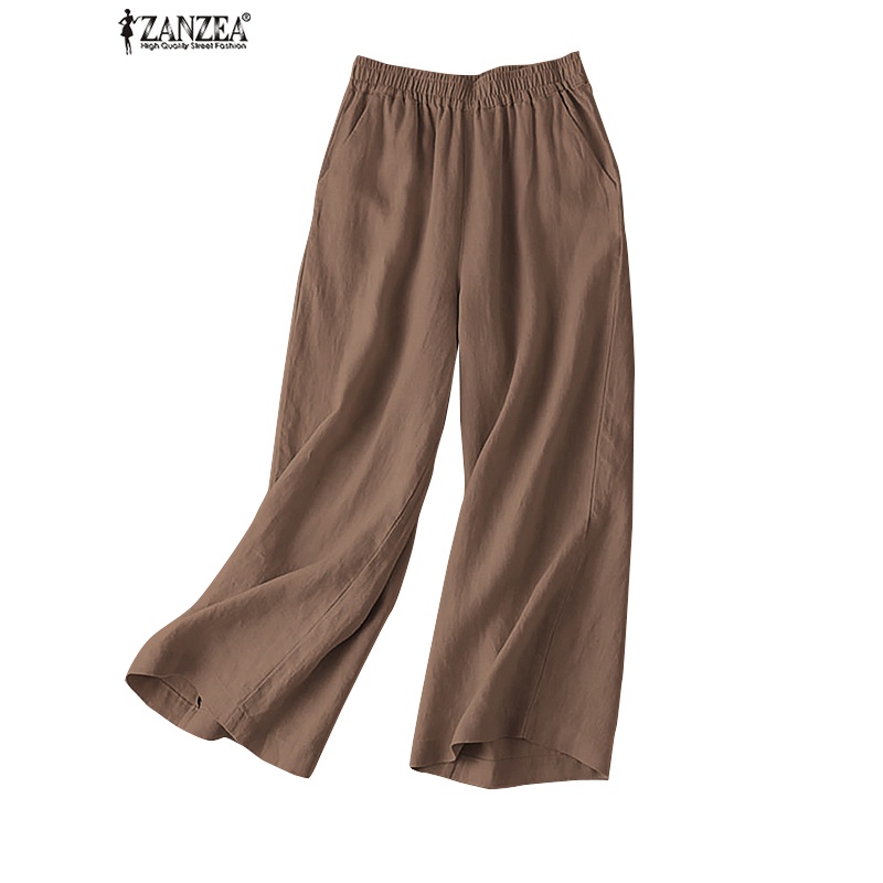 ZANZEA Women Elastic Waist Wide Leg Straight Long Pants Plus Size Pants