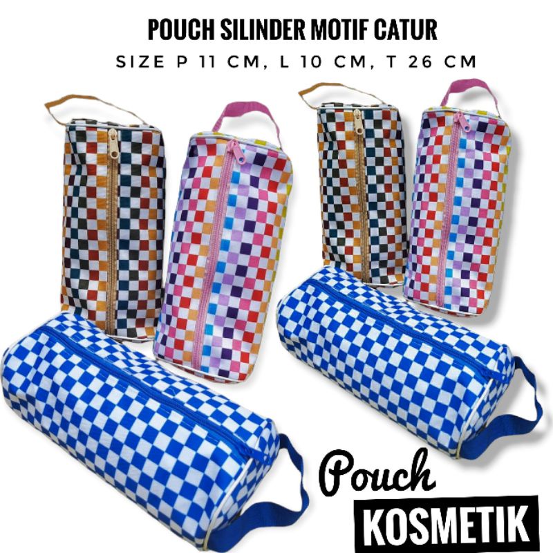 POUCH KOSMETIK/TAS MAKE UP MOTIF KOTAK KOTAK BENTUK SILINDER
