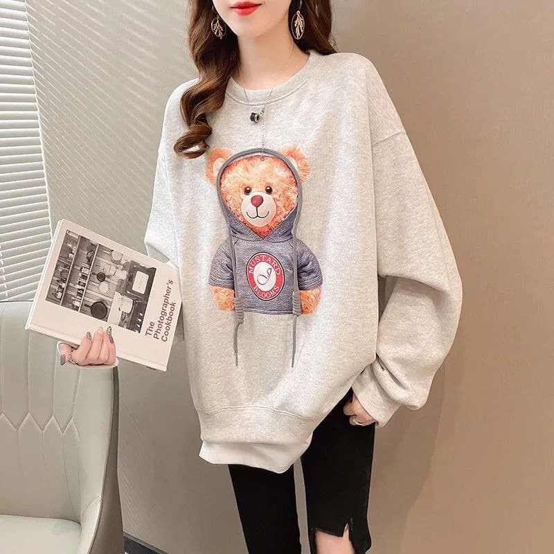 BEAR ALABAMA Oversize Sweater Crewneck Oblong Wanita Atasan Blouse Motif Cute Korean Jacket Kasual Fashion