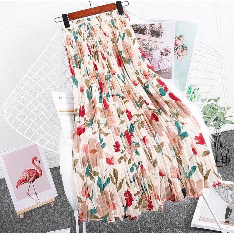 Rok Plisket Prisket / Rok Import / Rok Bunga / Maxi Skirt Motif Bunga Floral