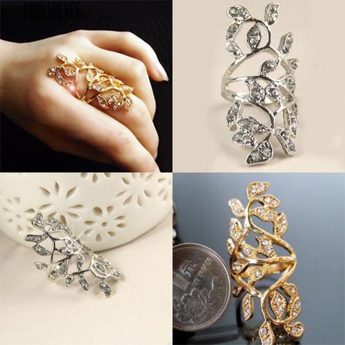 [Bayar Di Tempat]Shiny Rhinestone berongga Leaf Joint Armor Knuckle Ring