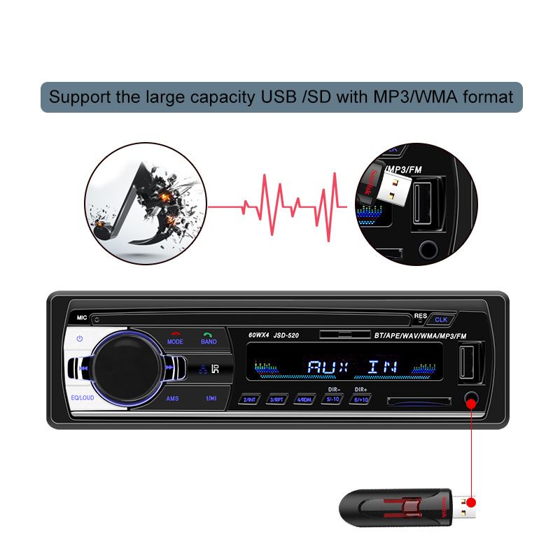 Taffware Tape Audio Mobil Bluetooth Car MP3 Player output 4X60W New JSD520 12V Car Radios Stereo FM MP3 Audio Player Support Bluetooth Phone with USB/SD MMC Port Car Electronics U-Disk Bluetooth MP3 Player Hands-free Car MP3 Stereo Audio FM Radio