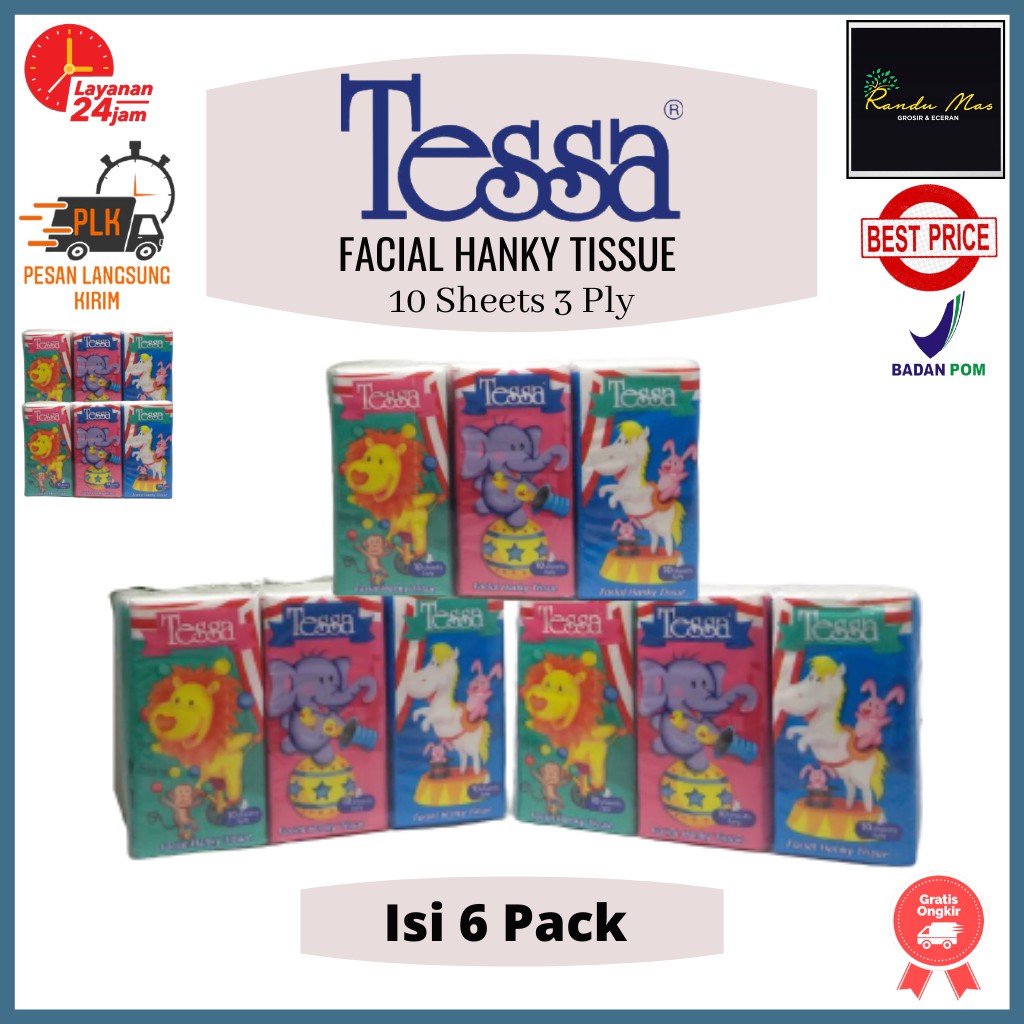 Tisu Tessa 50 Sheet Facial Hanky Tissue Tisu Tesa Wajah Pocket Kecil 6 Packs x 10 Sheets 3 Ply Original Ekonomis