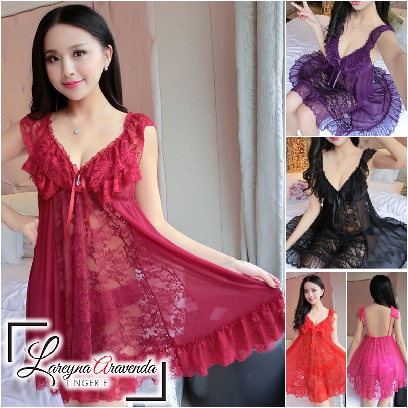 Set Lingerie + G String Seksi Jumbo Model Babydoll Lace Premium Quality 0976