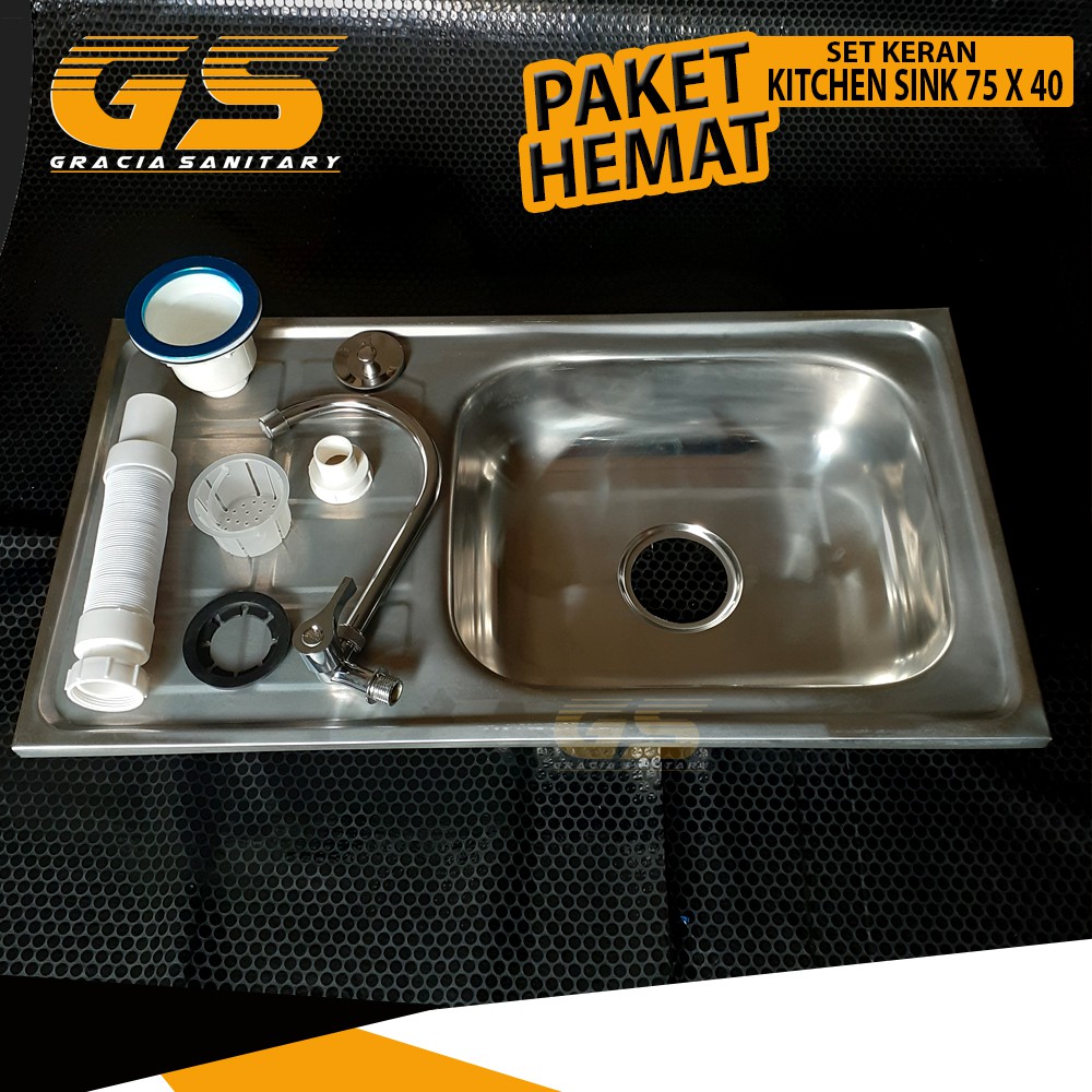 Wastafel Bak Cuci Piring Stainless 75cm SET Tempat kitchen Sink 75x40  Kran Air Paket lengkap