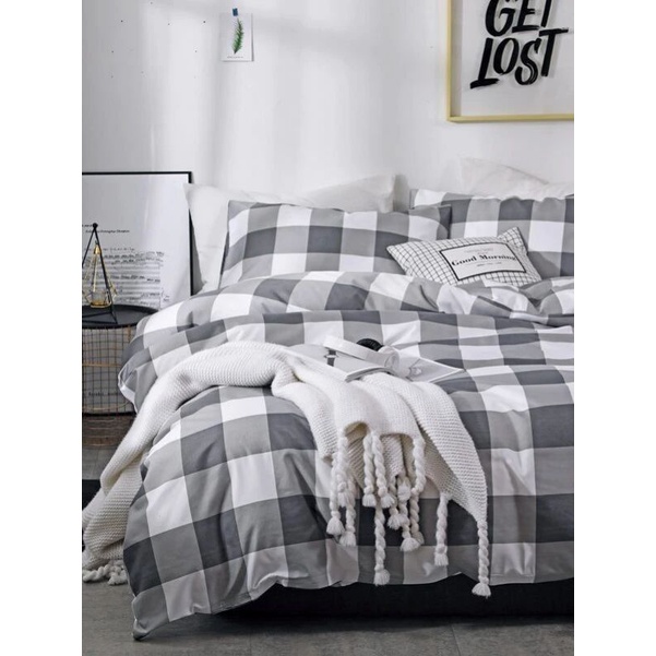 Sprei Estetik Kotak Grey Include Sarung Bantal Guling Ukuran 90x200 100x200 120x200 160x200 180x200 Grid Black