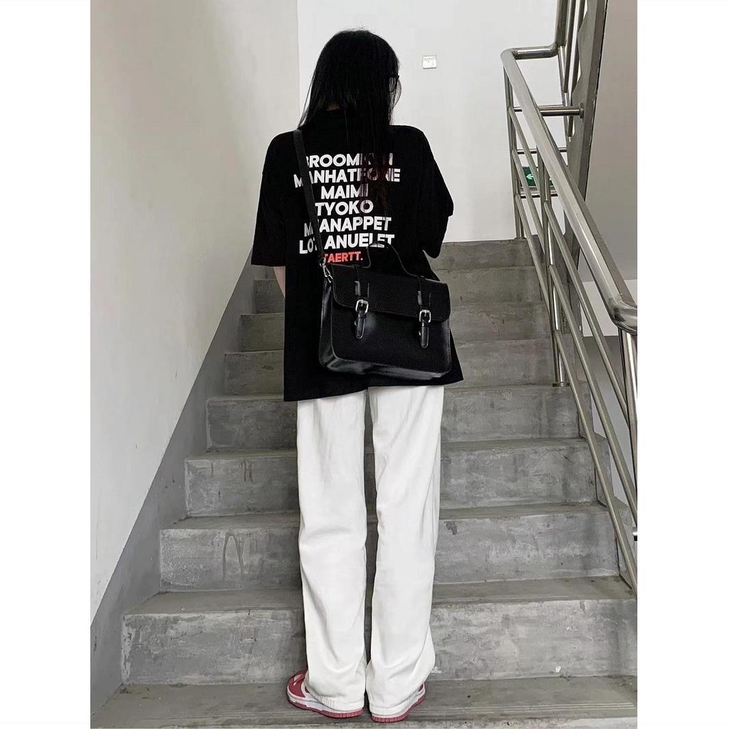 EUNII T-shirt Lengan Pendek Hitam Bahasa Inggris Pencetakan Longgar Korean Sytle/Kaos Atasan Wanita/Baju Kaus Oversize Wanita