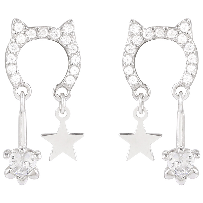 Anting Stud 925 Silver Needle Bentuk Kucing Bahan Zirkon Gaya Minimalis
