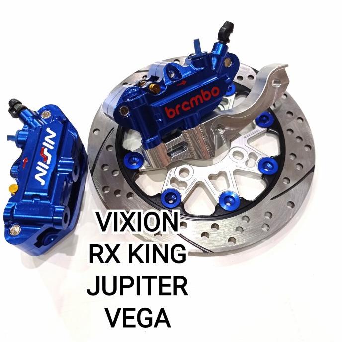 KALIPER MONO 4 PISTON BIRU + PIRINGAN NISSIN N65 220mm& BREKET VIXION ironh08 dijamin