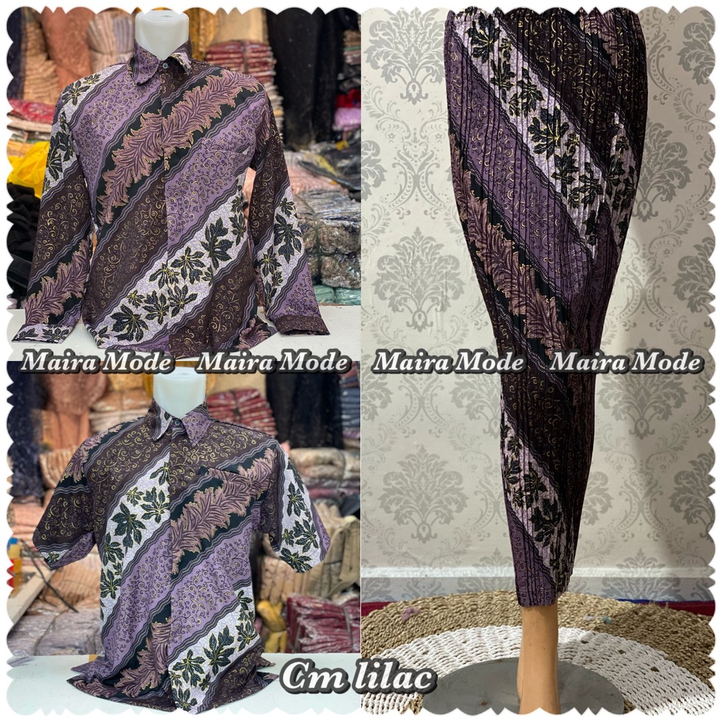 Couple batik kemeja dan rok plisket / set rok plisket dan kemeja batik / motif cm lilac