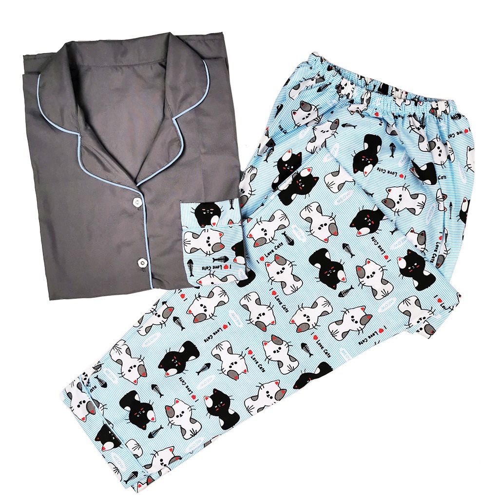 PIYAMA DEWASA JUMBO CP LD 120 cm big size lengan pendek celana panjang lucu-cat gray blue  110