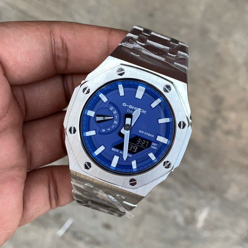 Jam Tangan Casio G-Shock Custom Strap dan Bezel Stainless Steel Silver Mesin Biru